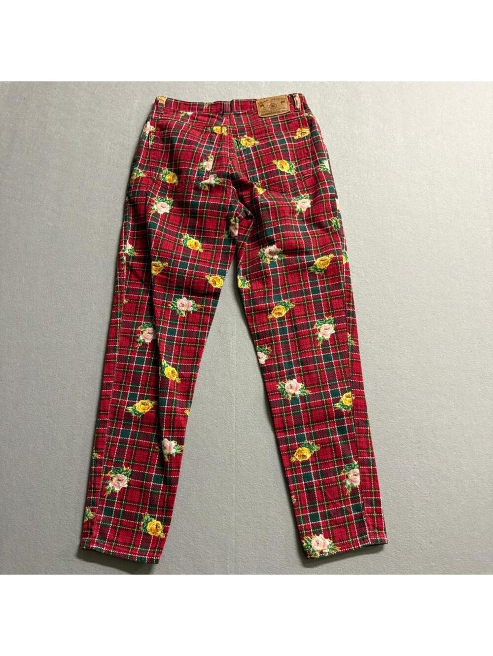 Vintage Gap Denim Plaid Floral Jeans Womens 26 Red Tartan Rose Print 90s - Picture 9 of 11